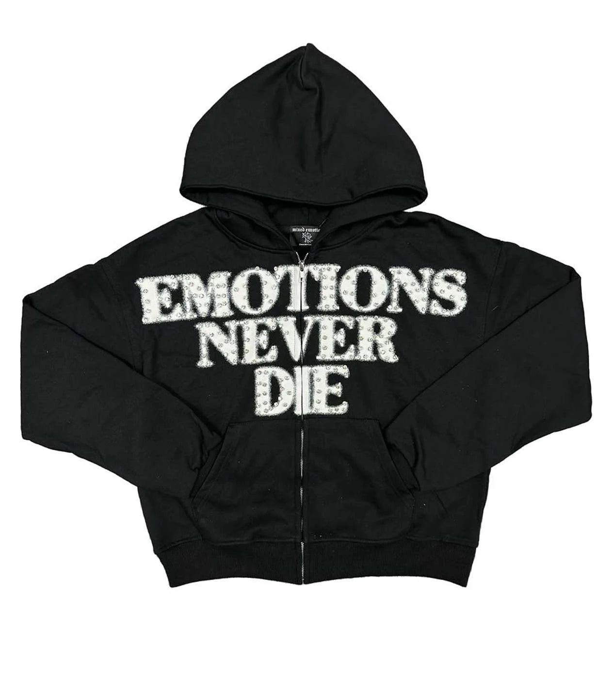 MIXED EMOTIONS "END" RHINESTONE HOODIE BLACK